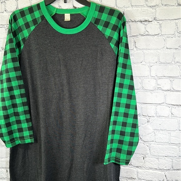Luxury JLT Baseball Ringer Tee T-Shirt Women 3XL Green Buffalo Check 3/4 Sleeves - Picture 3 of 14